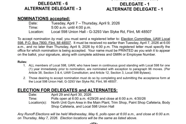 Notice of nomination and election of Delegates to the 39th UAW Constitution